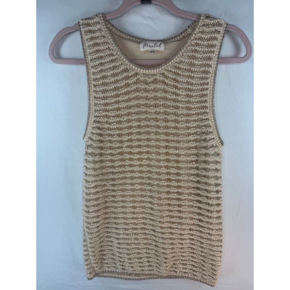 Marled Metallic Knit Sleeveless Top Champagne Gold Cream Textured Tank XS